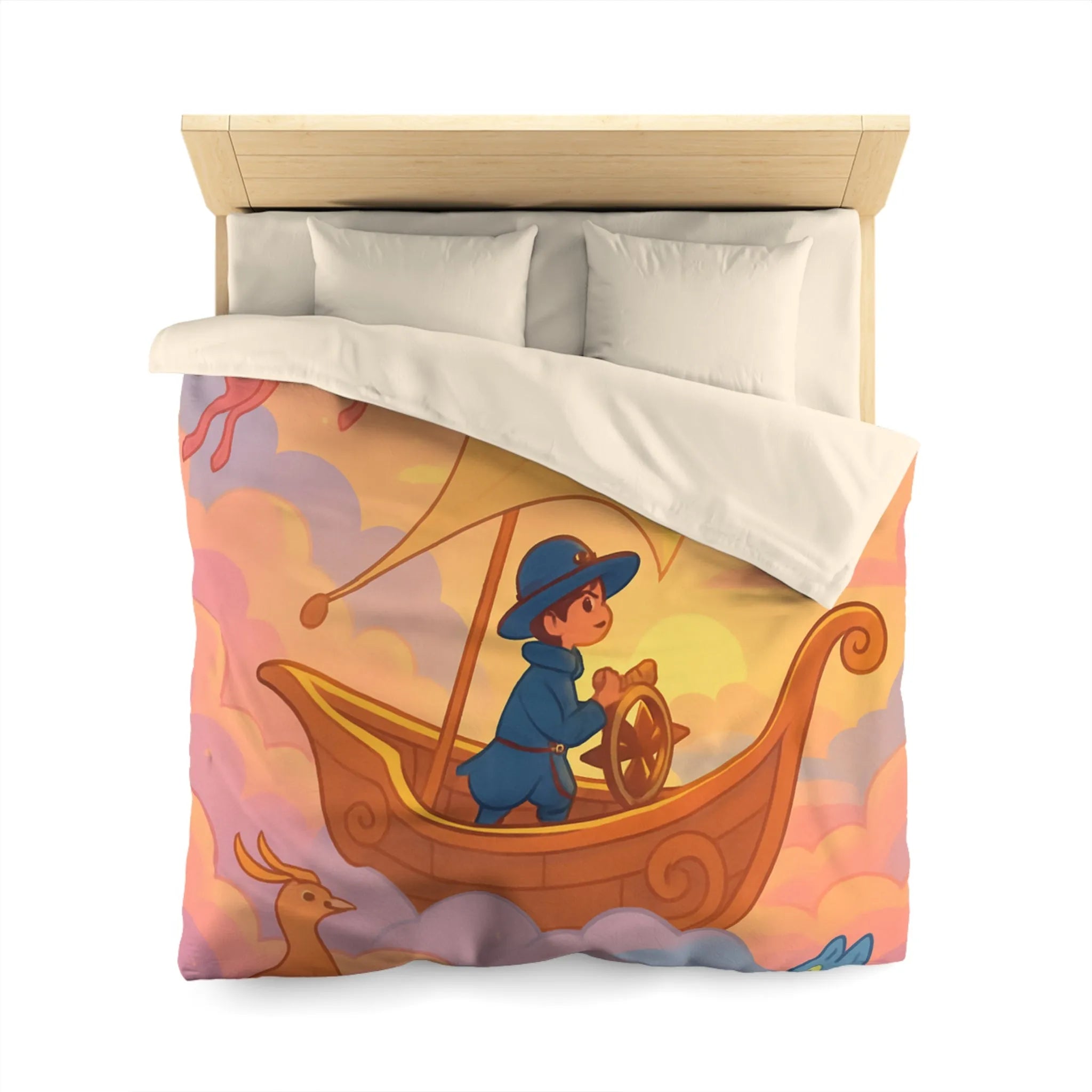 Housse de Couette Enchantée Avec Licorne et Bateau Volant Dans le Ciel Éthéré