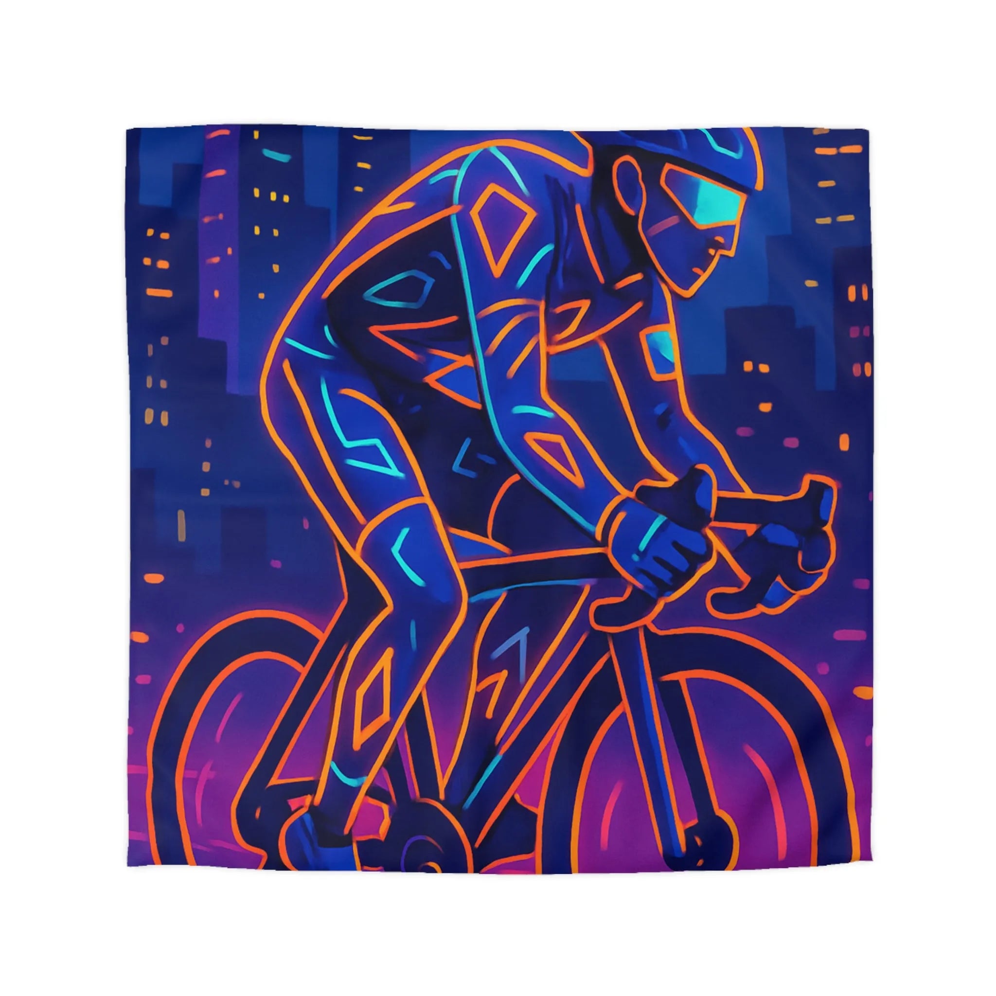 Housse de couette cycliste néon sur fond de ville sous ciel nocturne vibrant