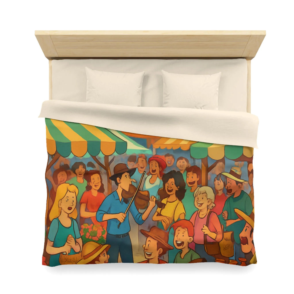 Housse de couette colorée avec scène de marché animé et ambiance joyeuse en plein air
