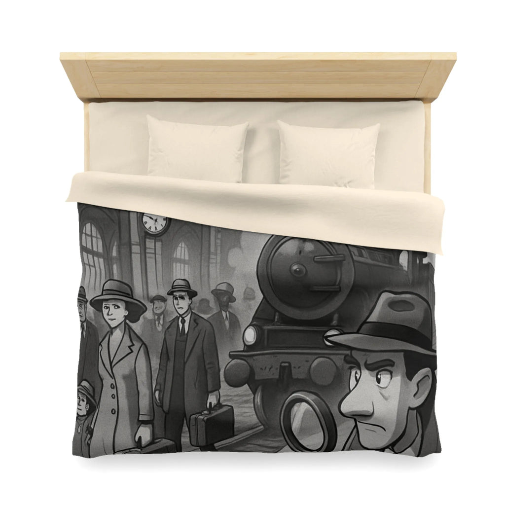 Élégante housse de couette rétro avec train à vapeur et ambiance mystérieuse noir et blanc