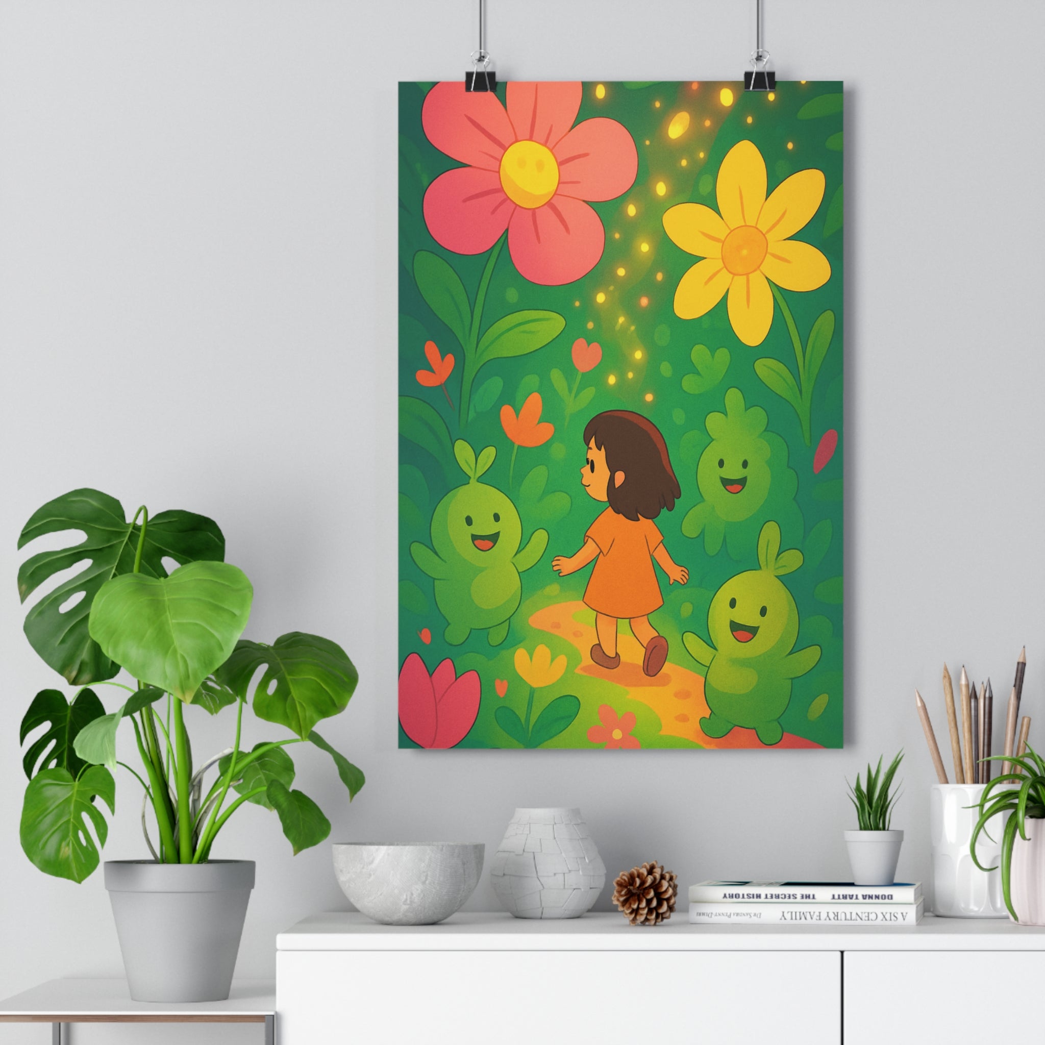 Poster décoratif vibrant jardin enchanté fillette orange créatures vertes fleurs jaune féerique joyeux chambre