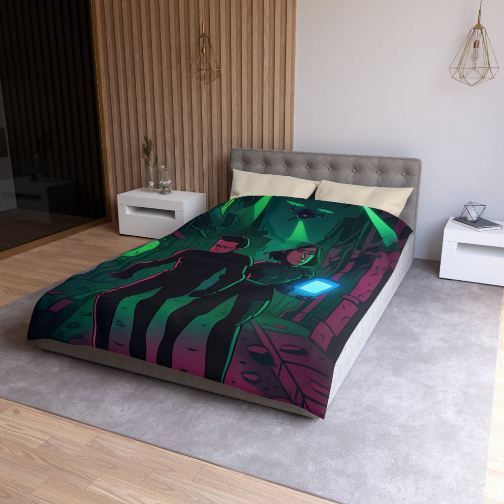 Housse de couette motif espionnage futuriste avec drones dans une ruelle mystérieuse