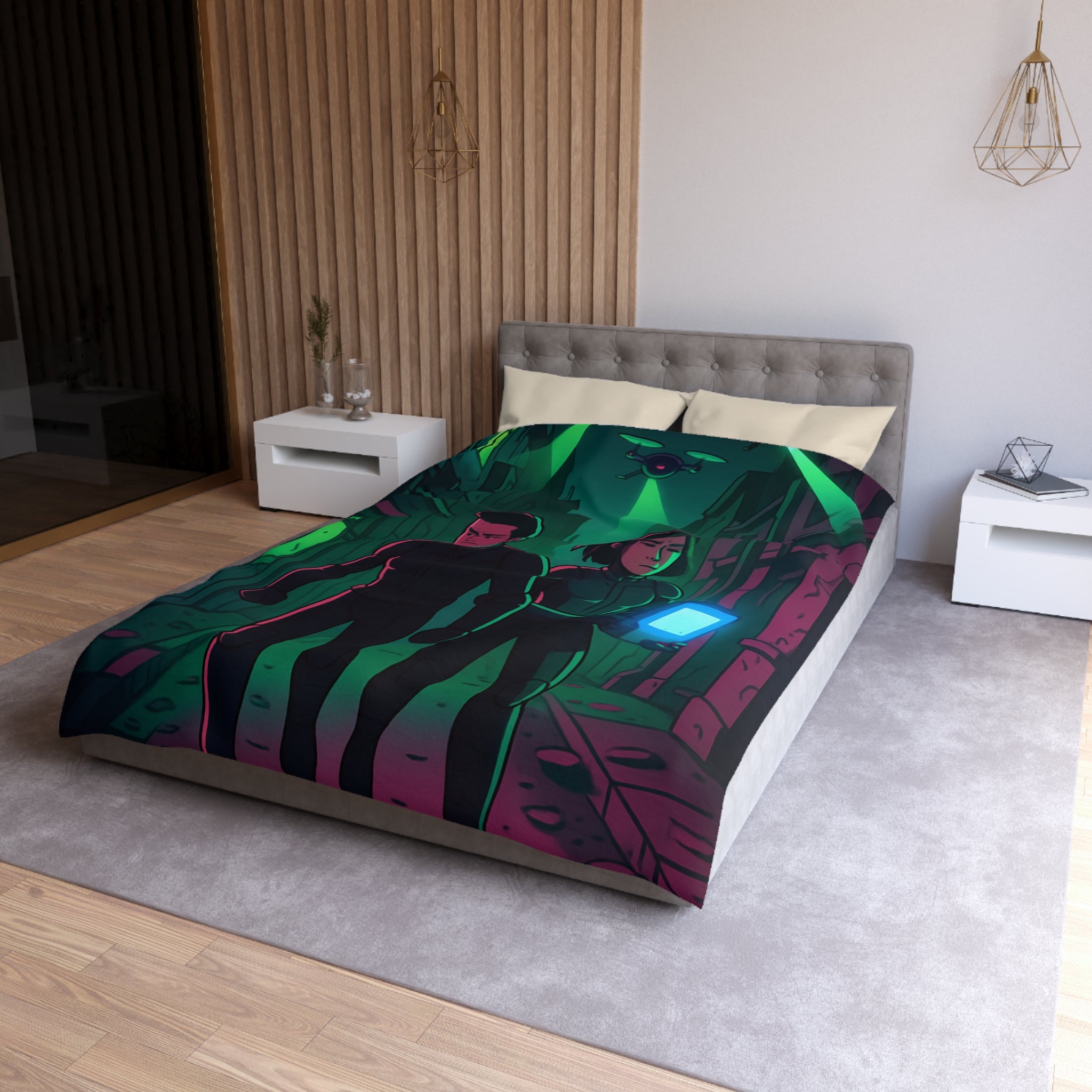 Housse de couette motif espionnage futuriste avec drones dans une ruelle mystérieuse