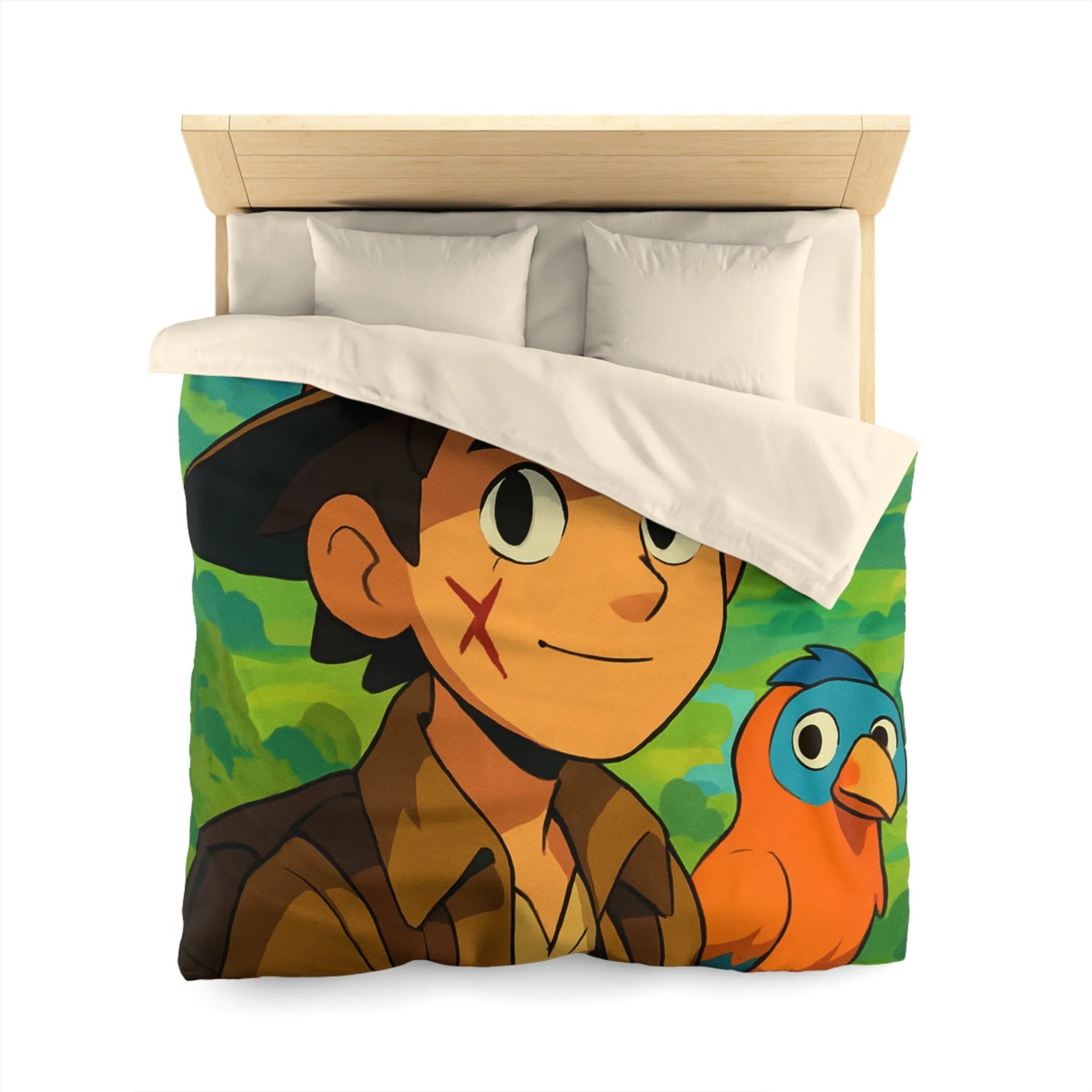 Housse de Couette Enfant Aventure Jungle avec Explorateur et Perroquet Coloré