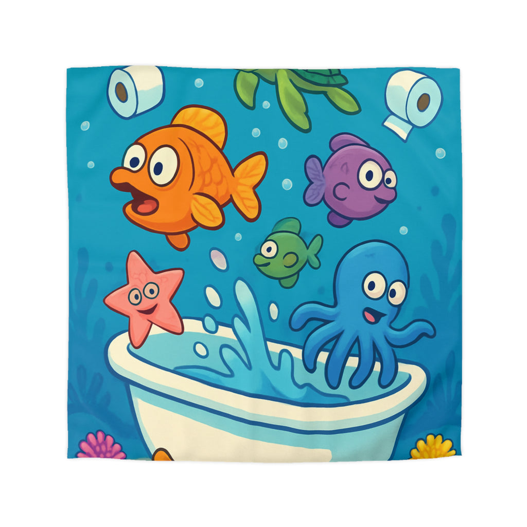 Housse de couette vibrante avec animaux marins humoristiques jouant dans une baignoire colorée