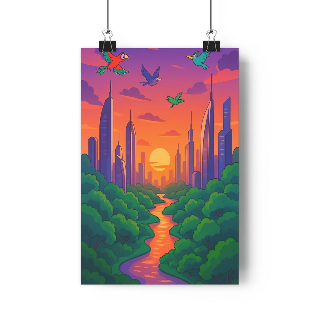 Poster décoratif urbain coucher soleil orange violet cartoon magique salon chambre tendance élégant qualité