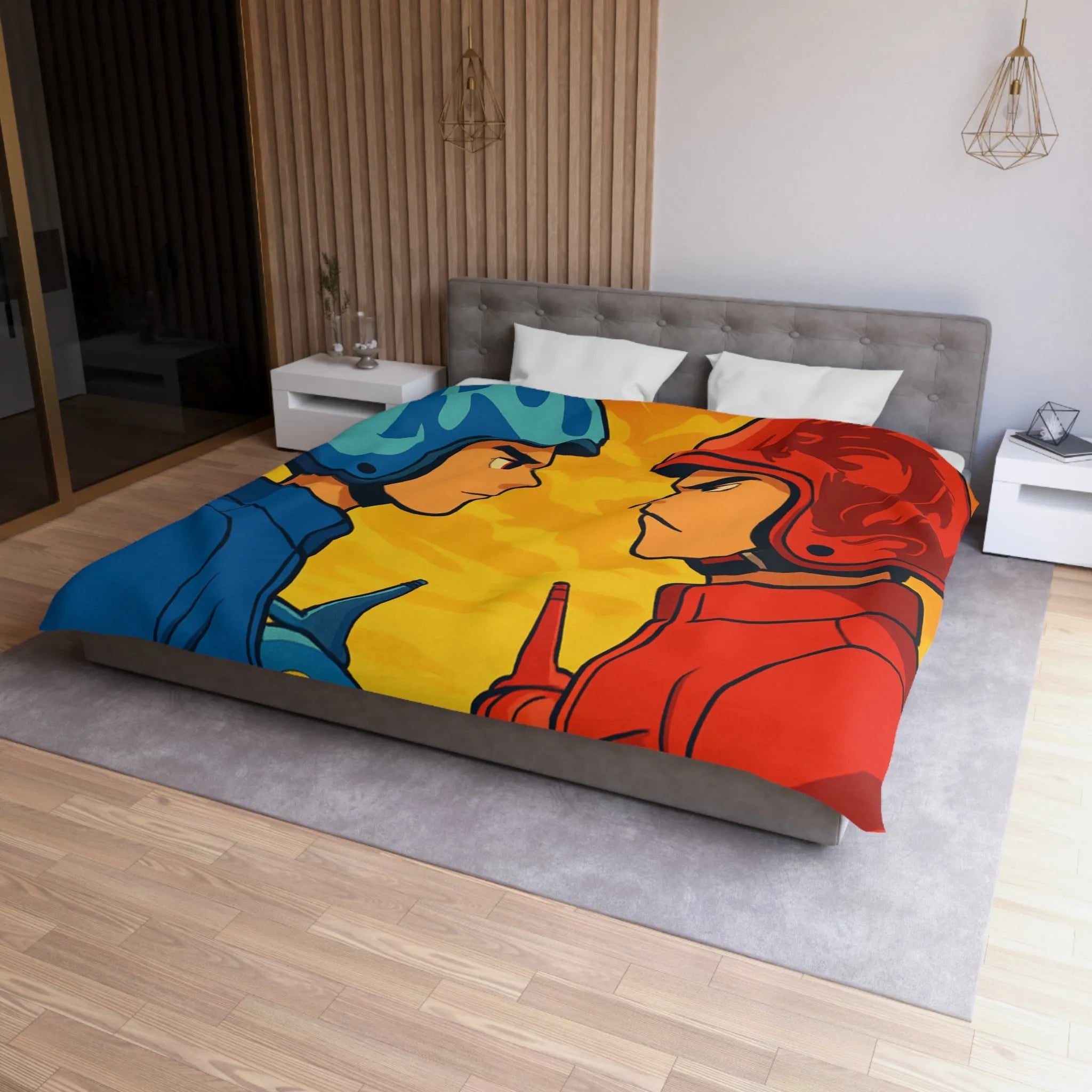 Housse de couette colorée avec deux pilotes et jets sur fond flamboyant