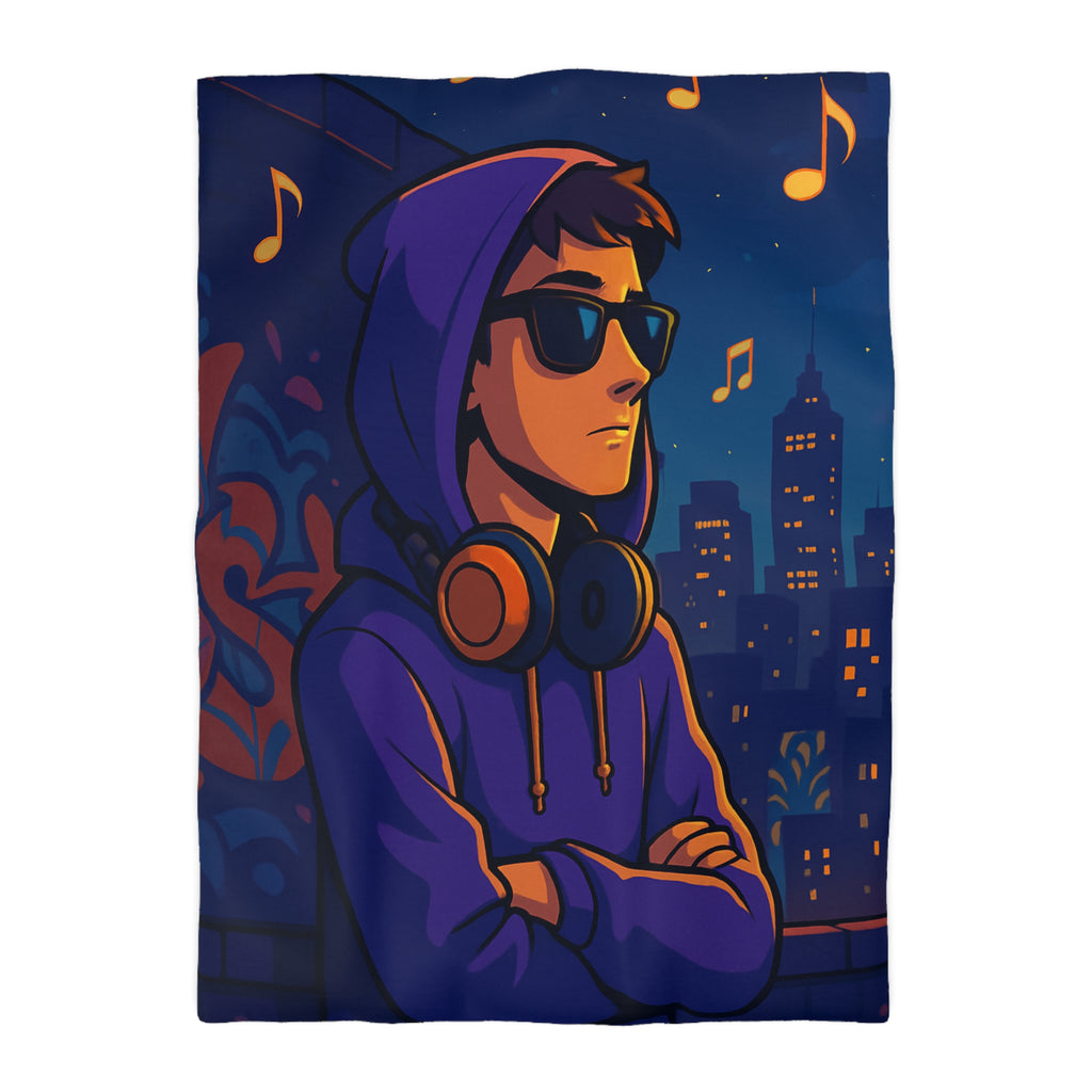 Housse de Couette Style Urbain avec Motifs Musique et Paysage Nocturne Animé