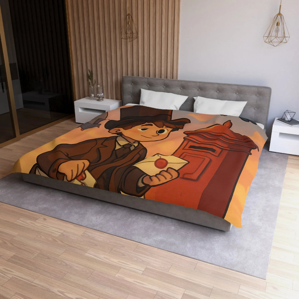 Housse de couette illustrée avec poste vintage et pigeons dans ciel au coucher du soleil