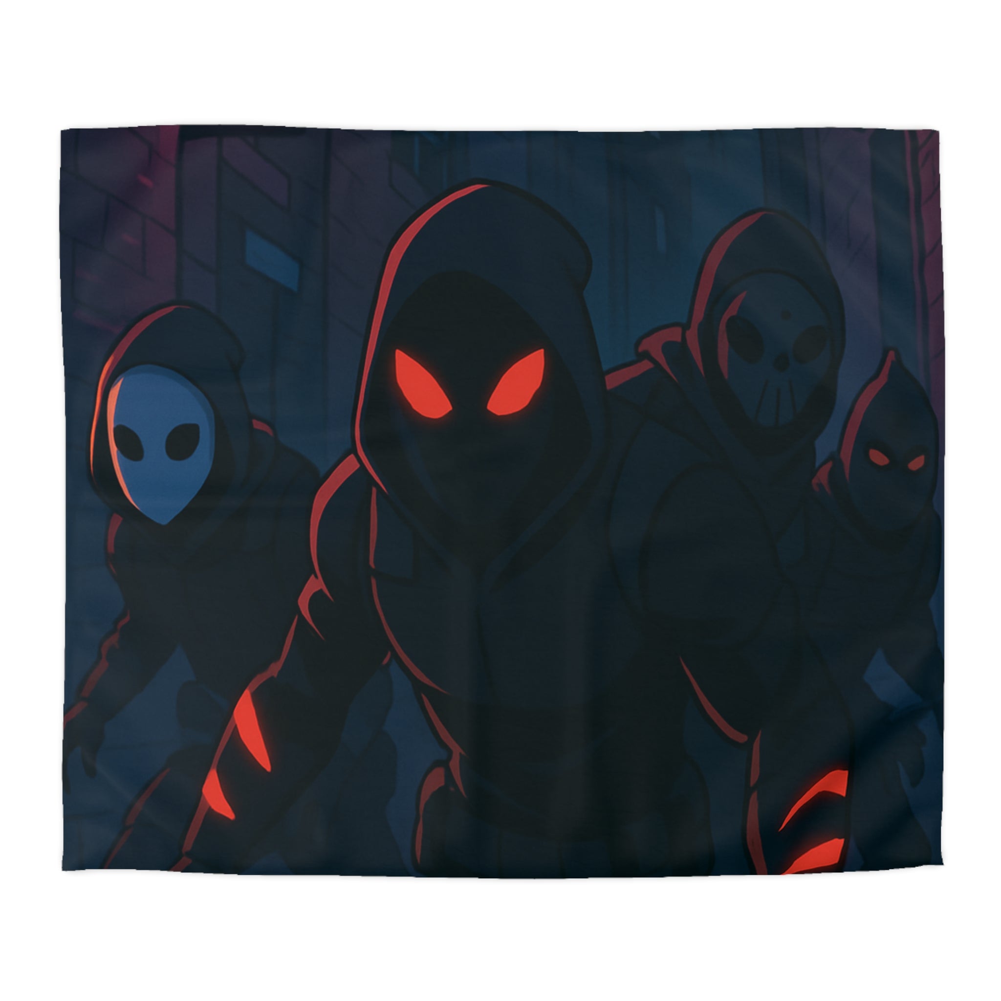 Housse de couette urbaine avec silhouettes mystérieuses et ambiance sombre néon