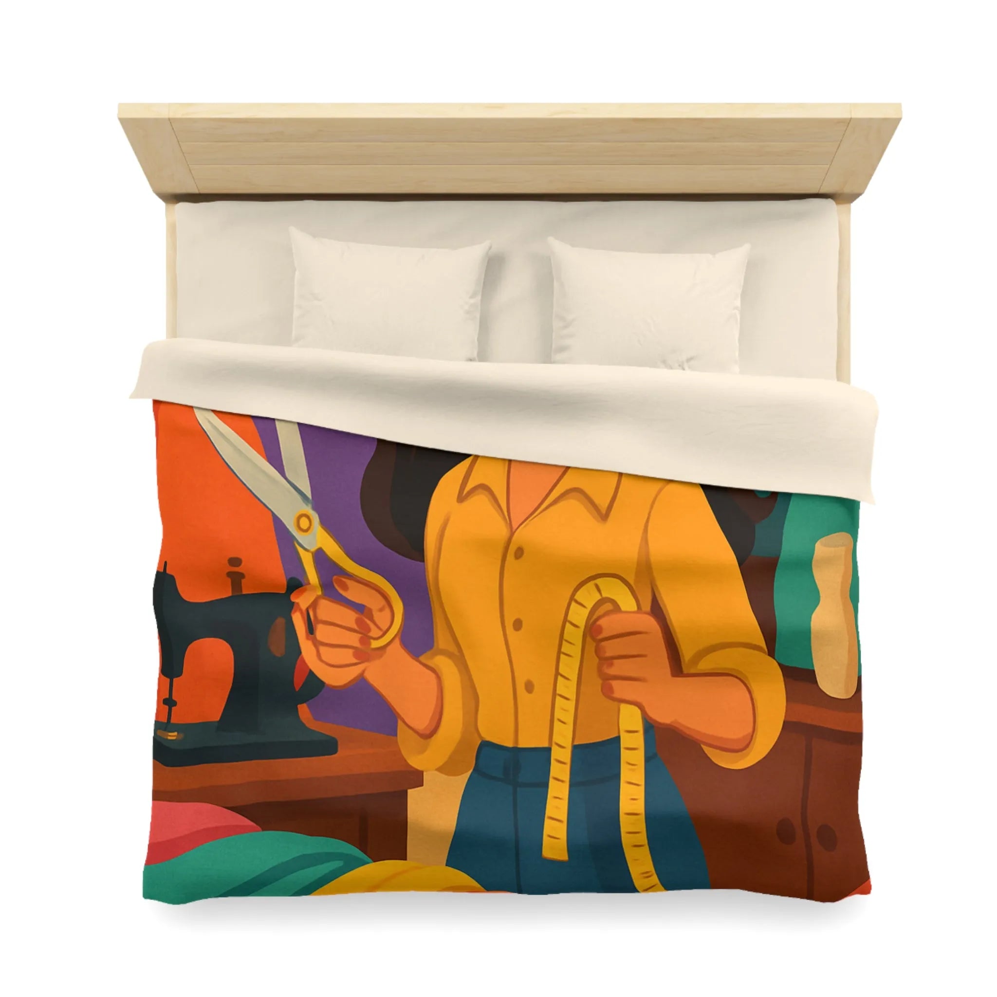 Housse de couette colorée avec motifs de couturière, outils et mannequins élégants