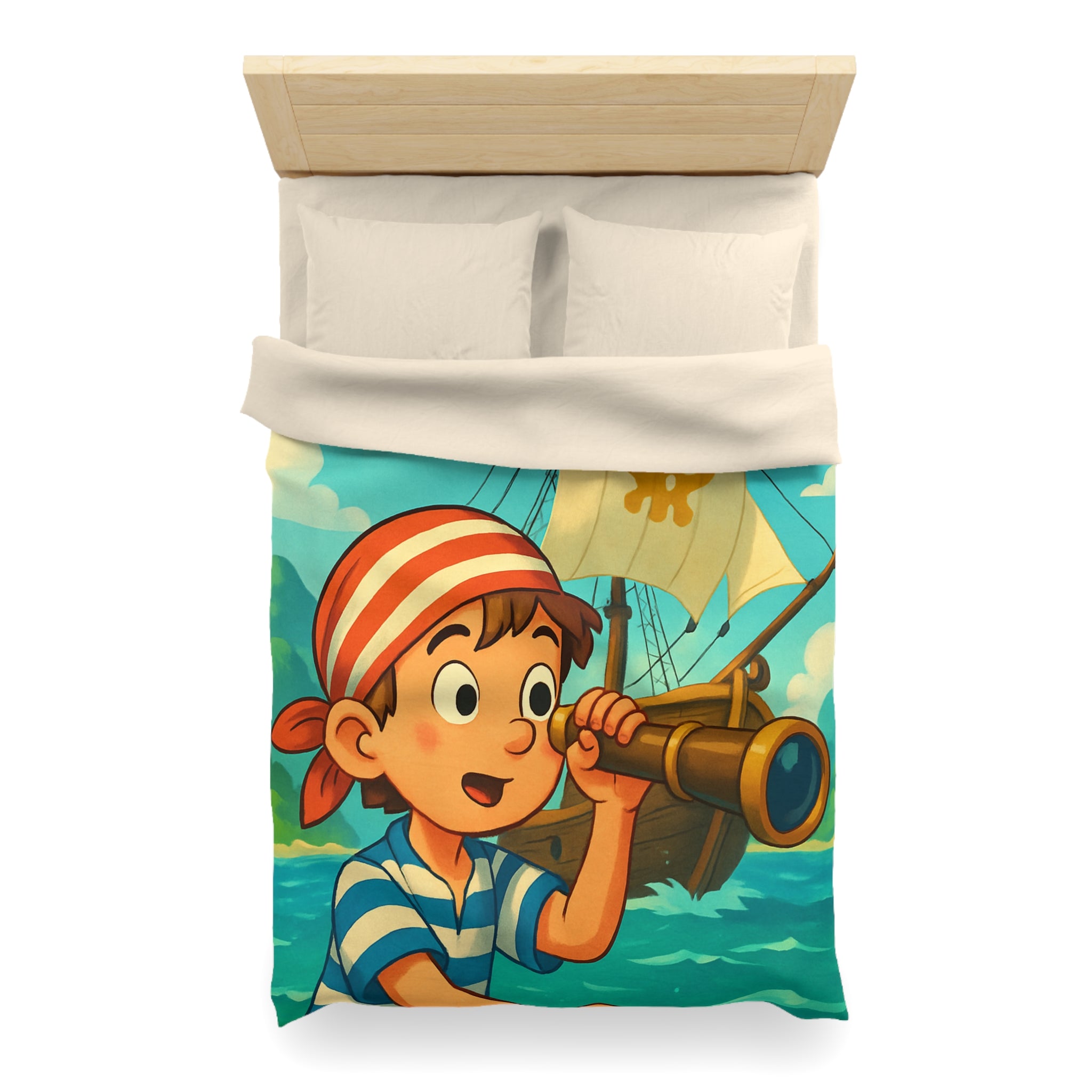 Housse de Couette Pirate Enfantine avec Bateau et Jumelles pour Chambre Aventure