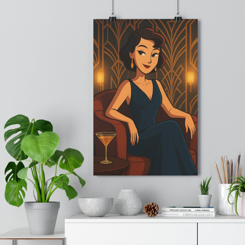 Poster décoratif femme art déco bleu foncé glamour salon chic rétro élégant géométrique sophistiqué