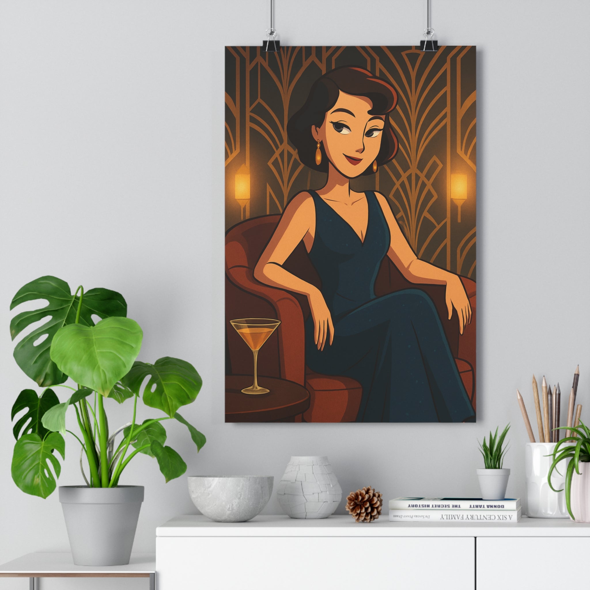 Poster décoratif femme art déco bleu foncé glamour salon chic rétro élégant géométrique sophistiqué