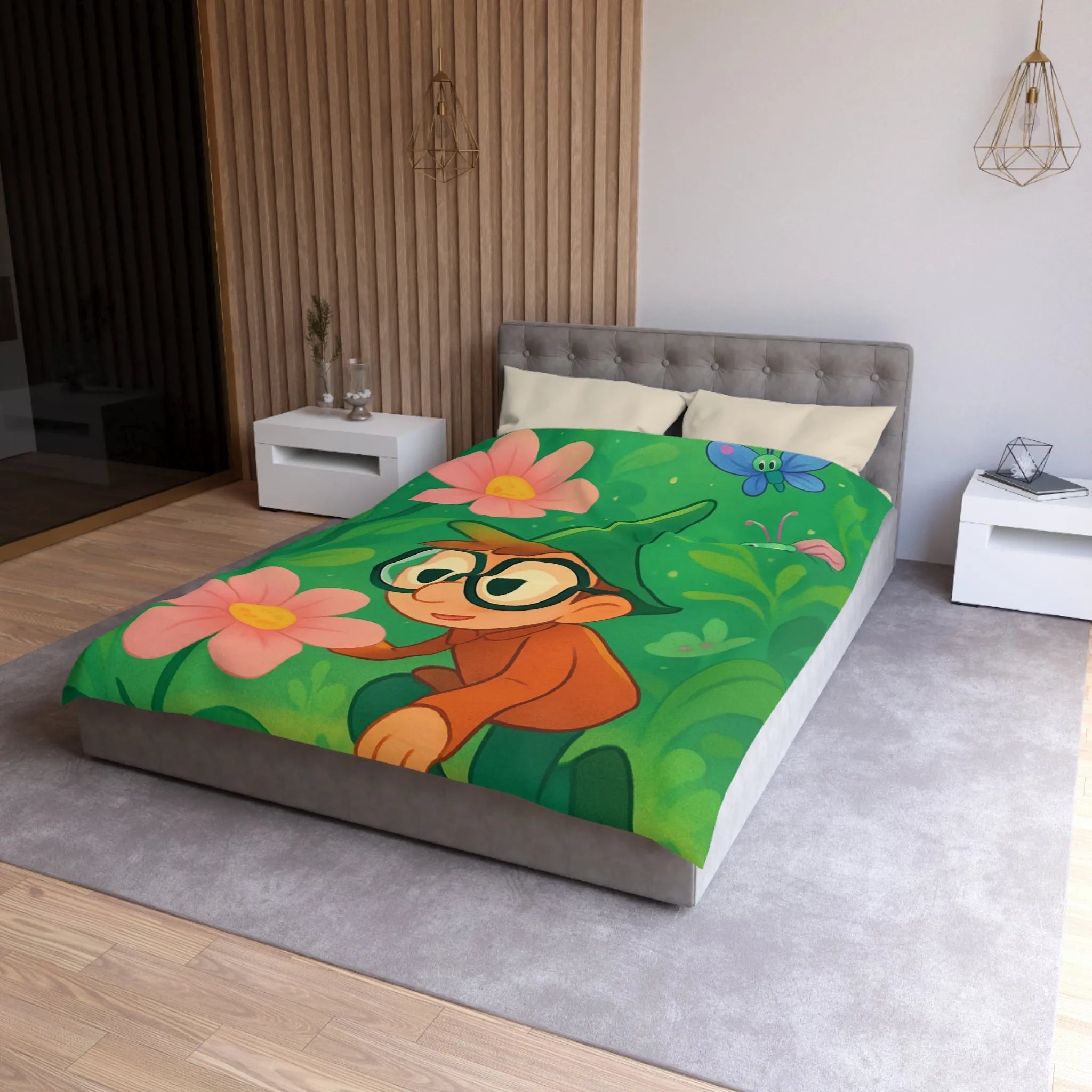 Housse de couette enfants magique jardin avec garçon et fleurs papillon colorés