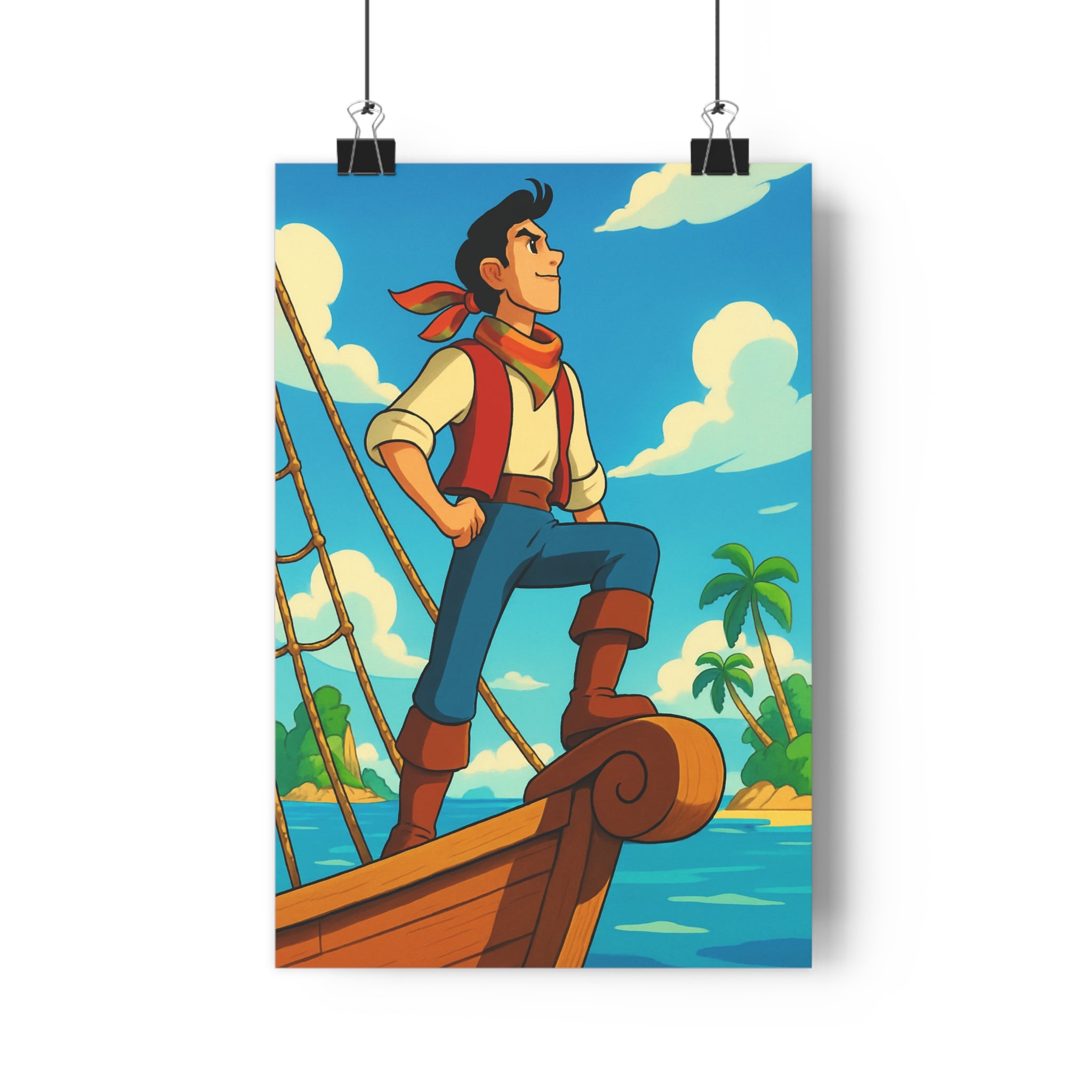 Poster décoratif aventure coloré cartoon vibrant horizon îles bleu chambre bureau exploration homme bateau