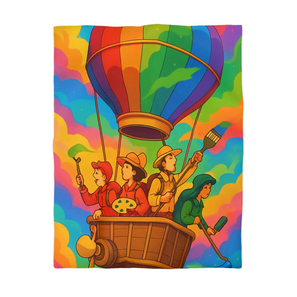 Housse de couette colorée avec montgolfière et artistes dans un ciel vibrant