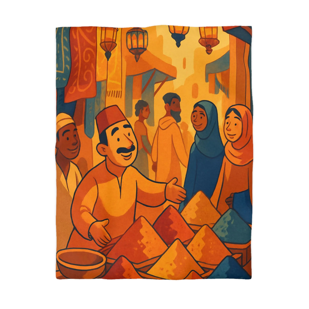 Housse de couette avec scène de marché colorée inspirée de l'art oriental chaleureux