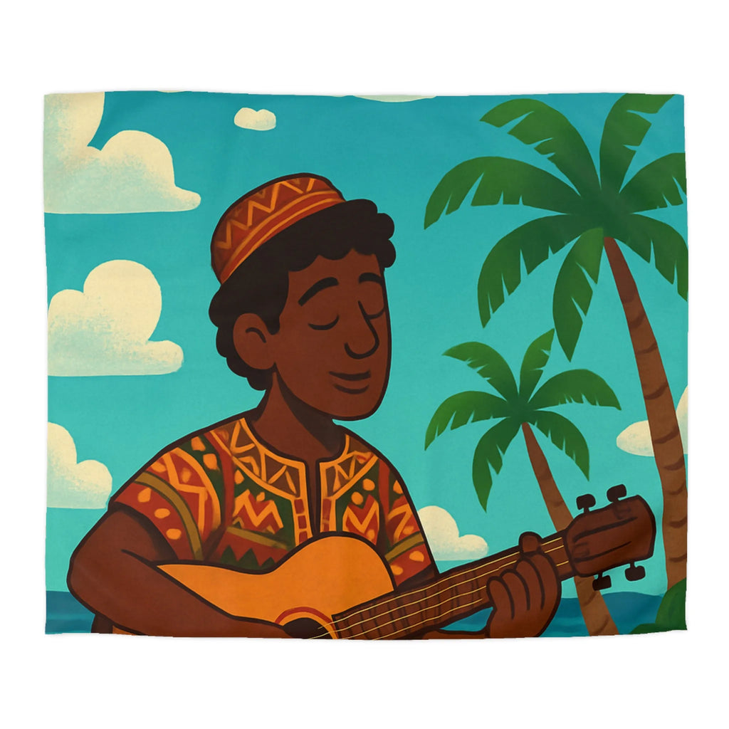 Housse de couette illustrée avec musicien joyeux sous les palmiers en bord de mer