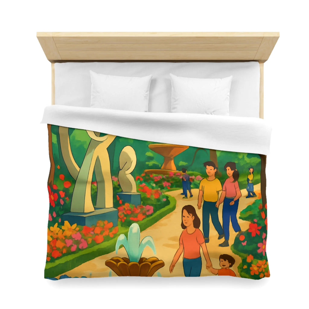 Housse de Couette Colorée Illustrant un Jardin avec Oiseaux et Familles en Promenade