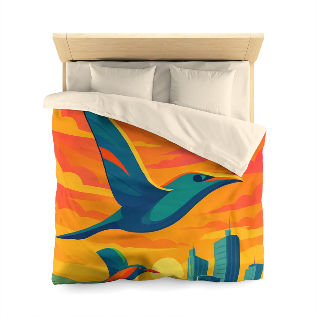 Housse de Couette Vibrante avec Oiseaux Volant au-dessus Champs et Ville au Crépuscule