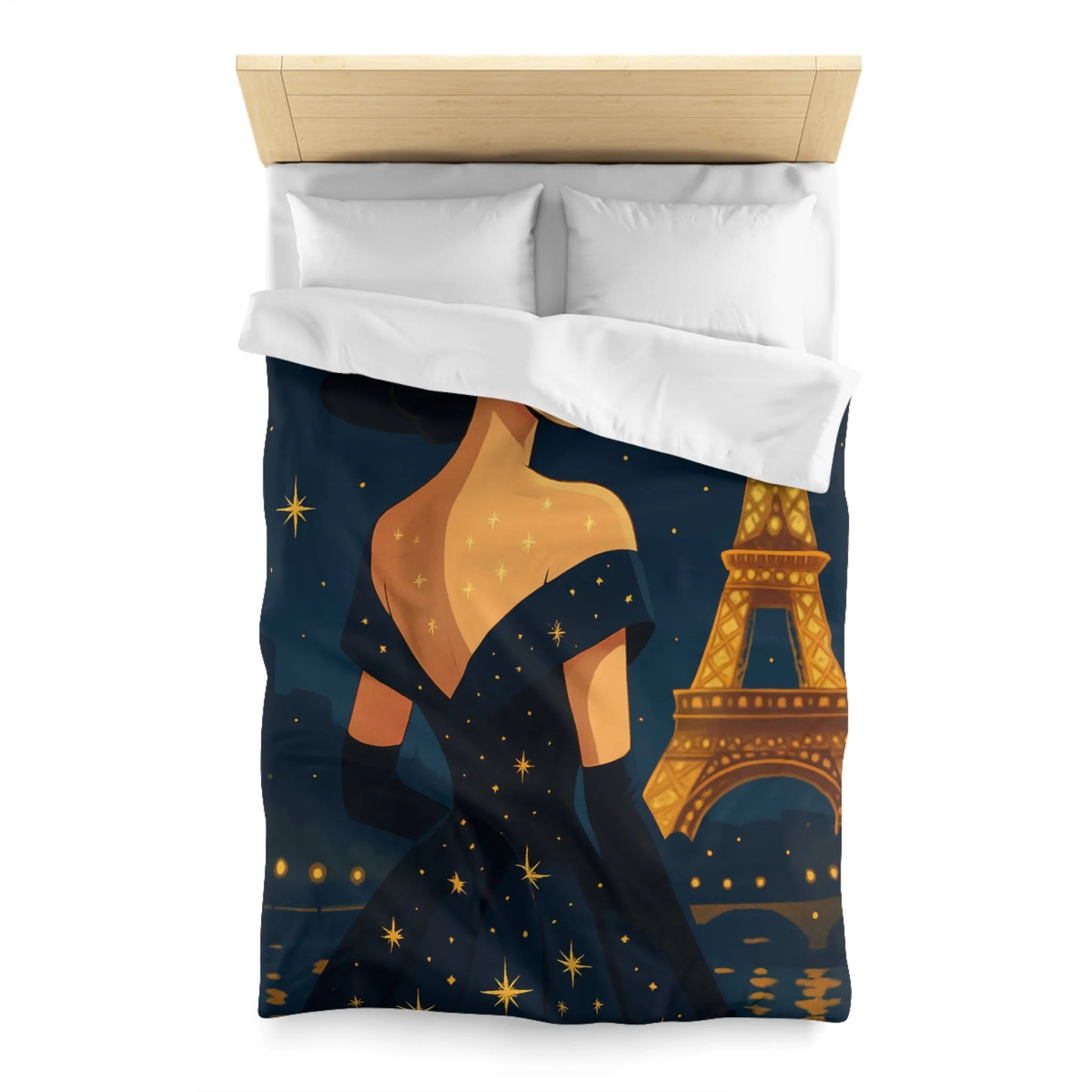 Élégante illustration nocturne femme en robe étoilée avec Tour Eiffel lumineuse
