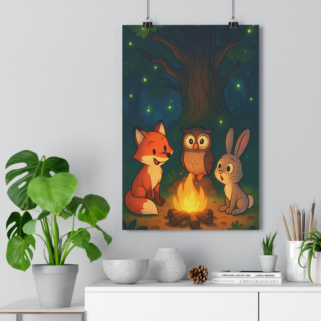 Poster décoratif forêt enchantée cartoon mystique renard hibou lapin chambre enfant ambiance magique chaleureuse
