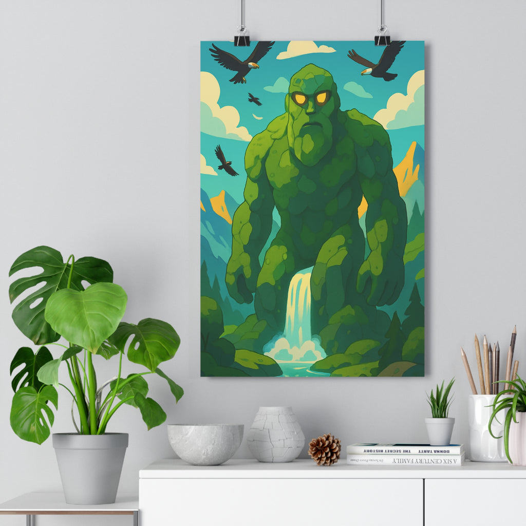 Poster décoratif nature mystique vert bleu salon moderne épique cascade montagne aigles pierre géant