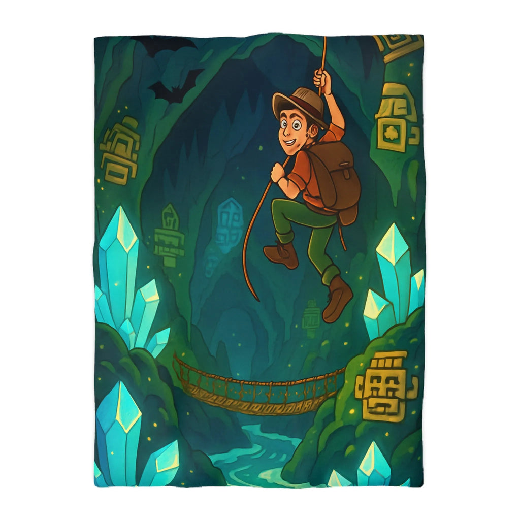 Explorateur suspendu dans une mystérieuse caverne remplie de cristaux et de mystères anciens