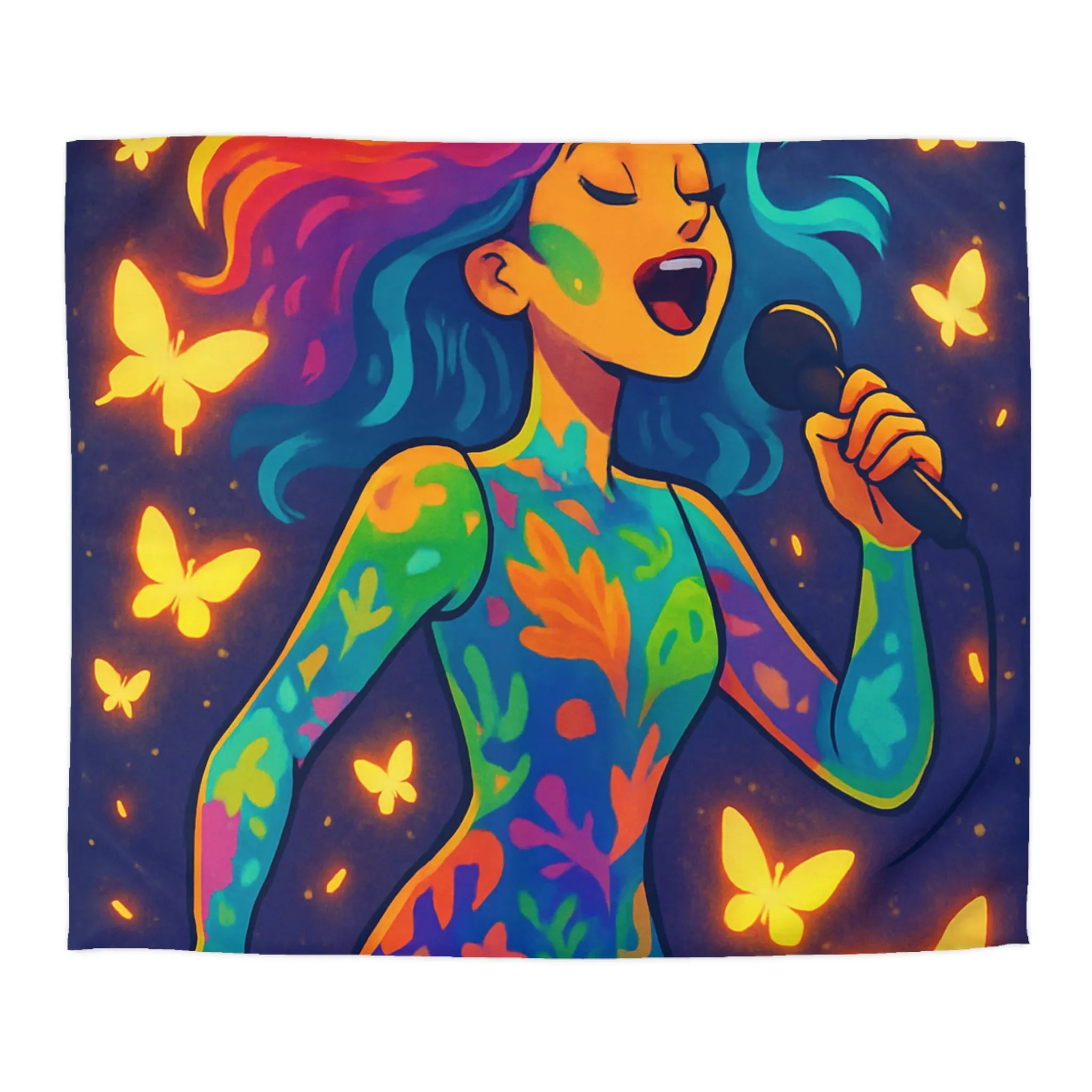 Housse de Couette Colorée : Artiste Chantant Entourée de Papillons Lumineux et Vibrants