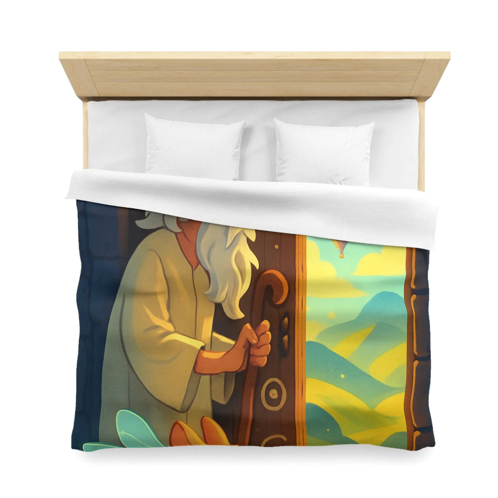 Housse de Couette Fantastique avec Ancien Sage et Paysage Magique Étoilé Soufflant