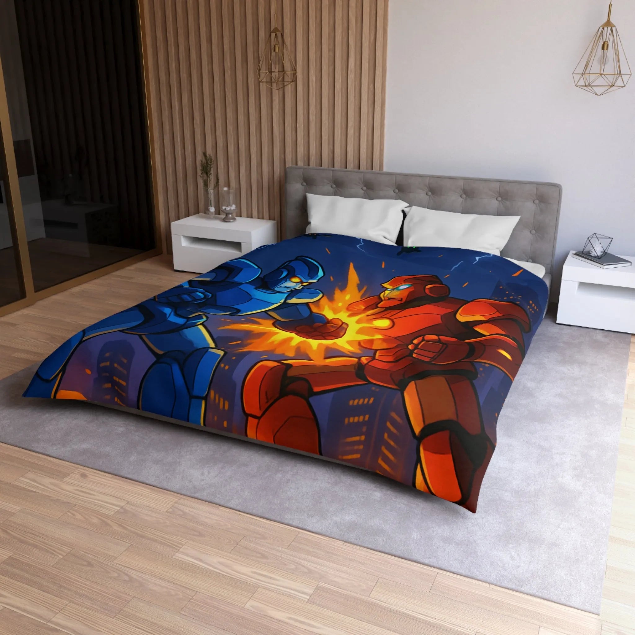 Housse de couette futuriste robots en combat dans une ville éclairée par l'orage