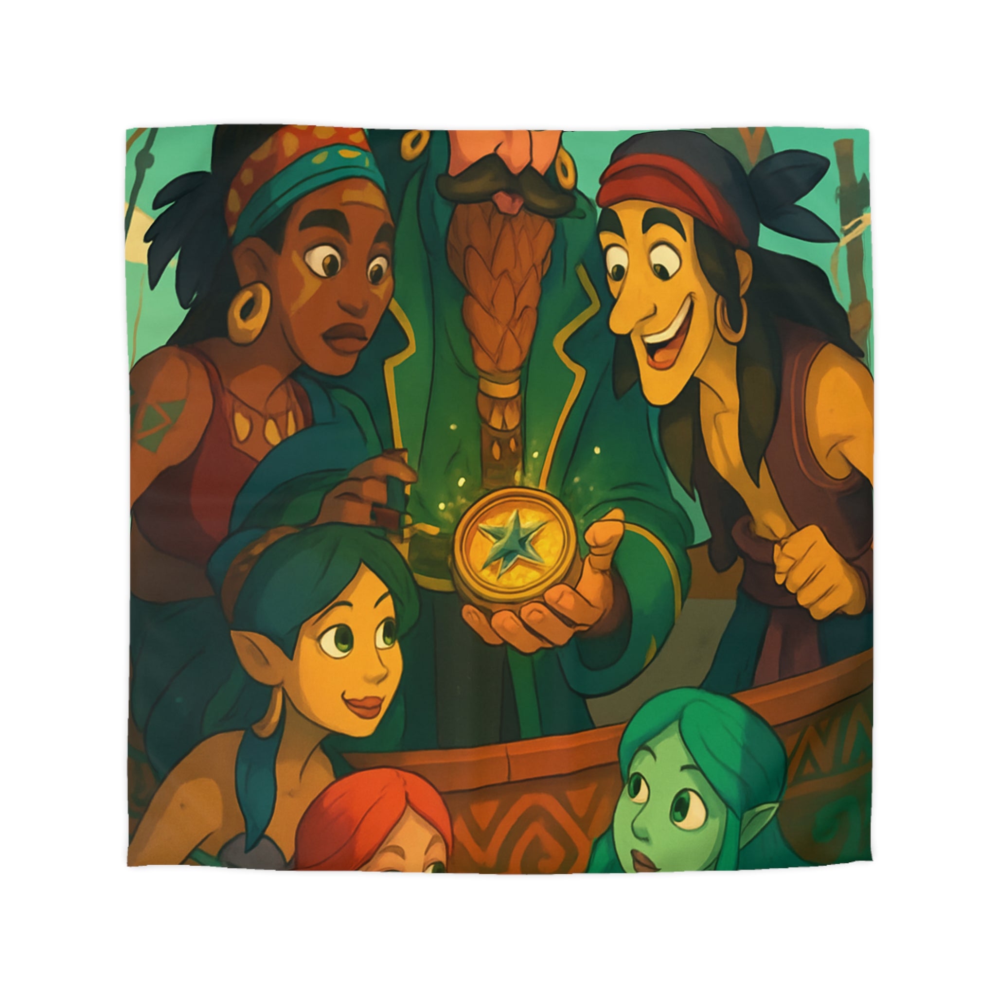 Housse de couette pirate et sirènes avec trésor sur mer émeraude et ciel