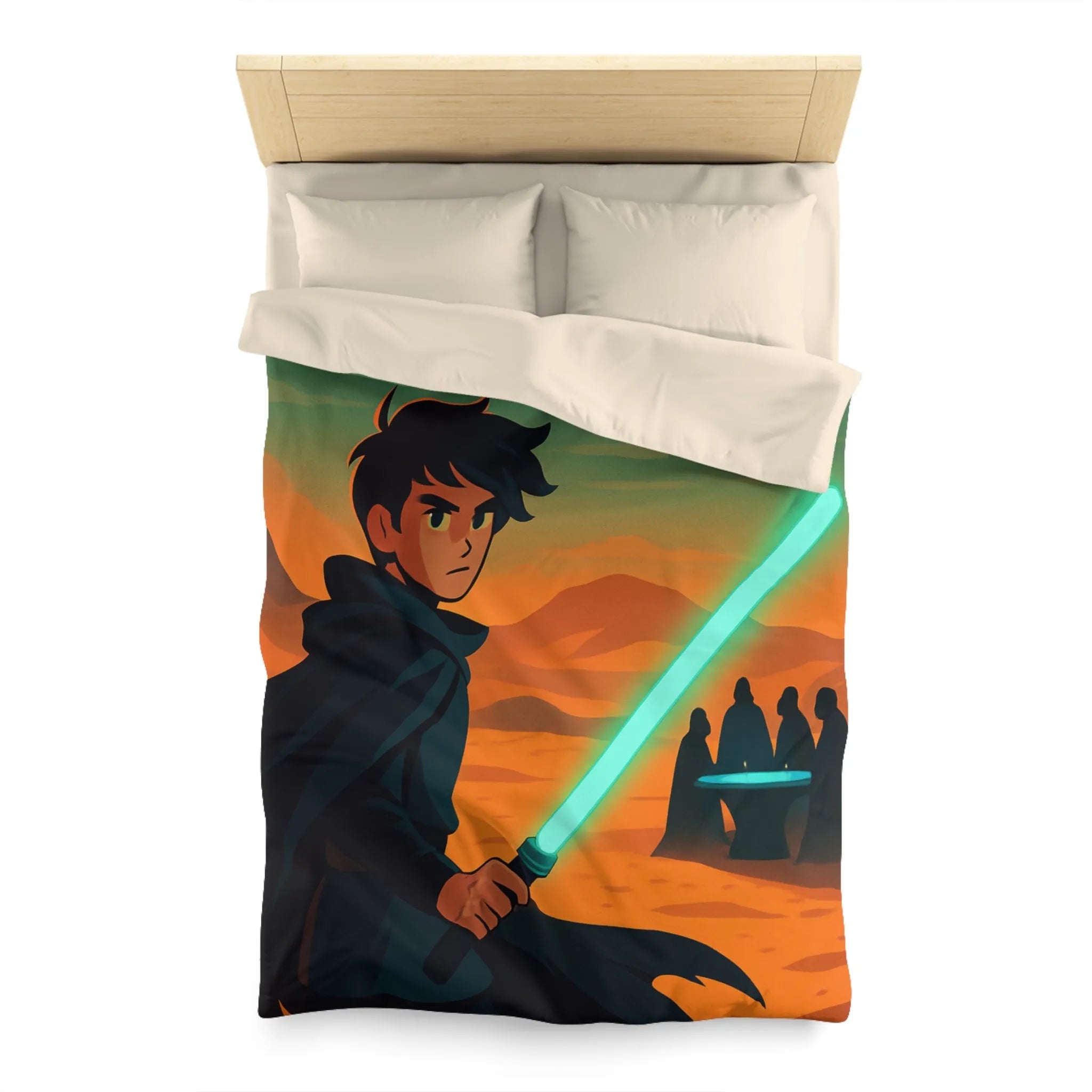 Épique scène de science-fiction avec héros sabre lumineux et vaisseau spatial en arrière-plan