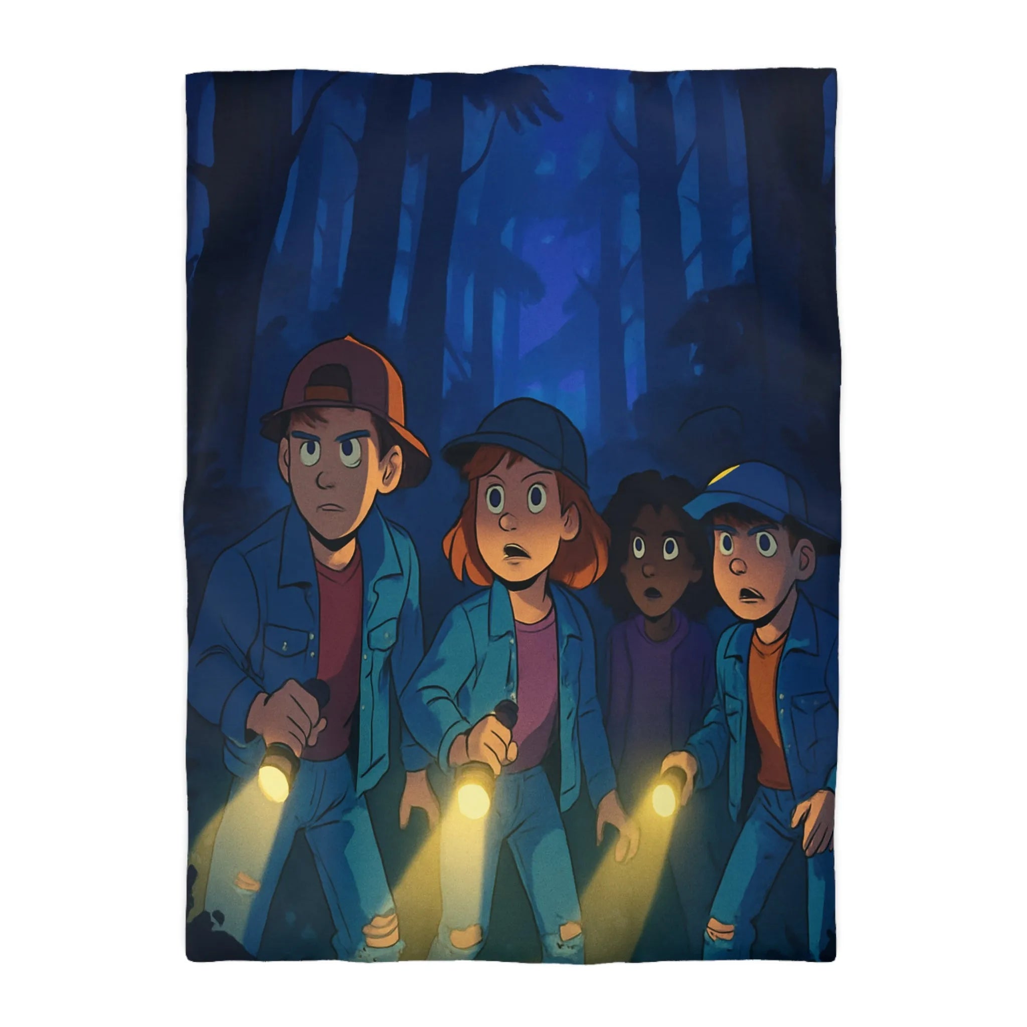 Housse de couette forêt mystérieuse enfants explorateurs avec lampes de poche illustration nocturne