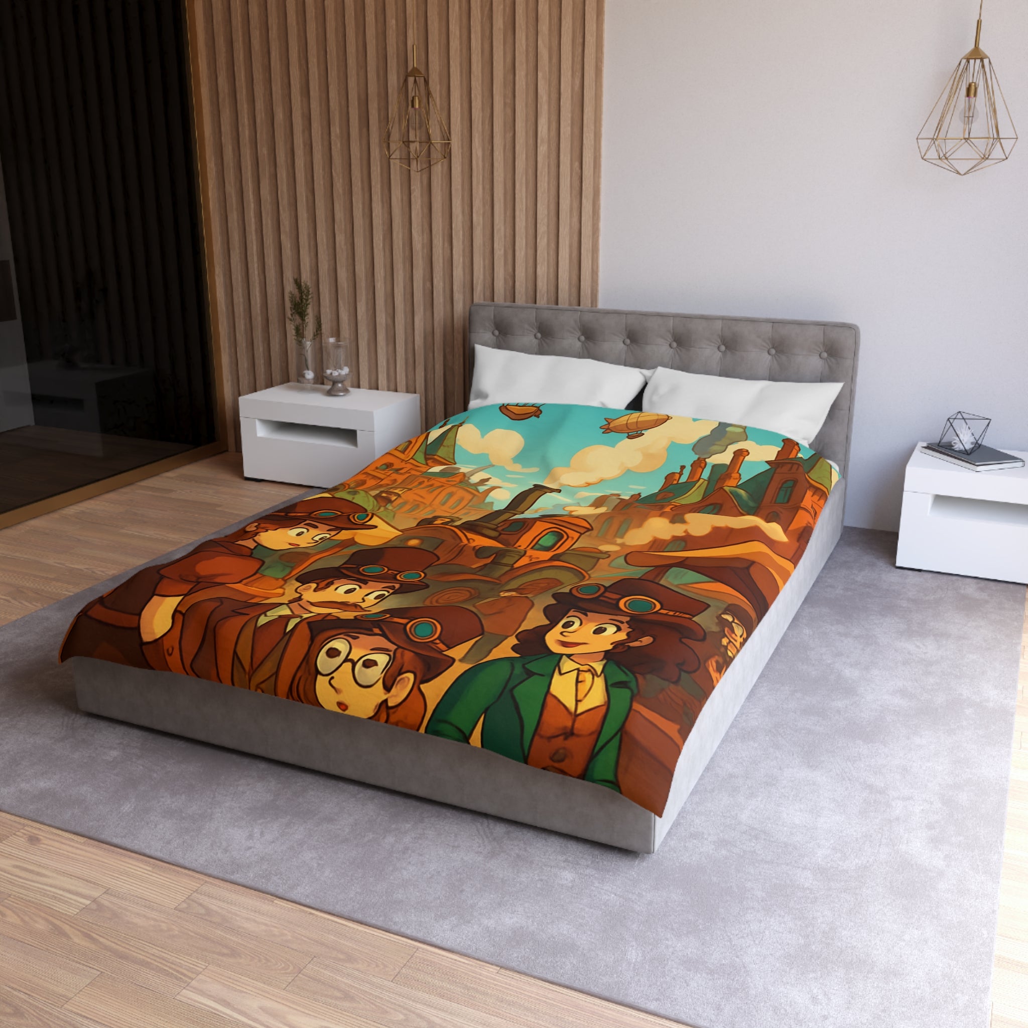 Housse de couette steampunk rétro avec famille, dirigeables et ville victorienne animée