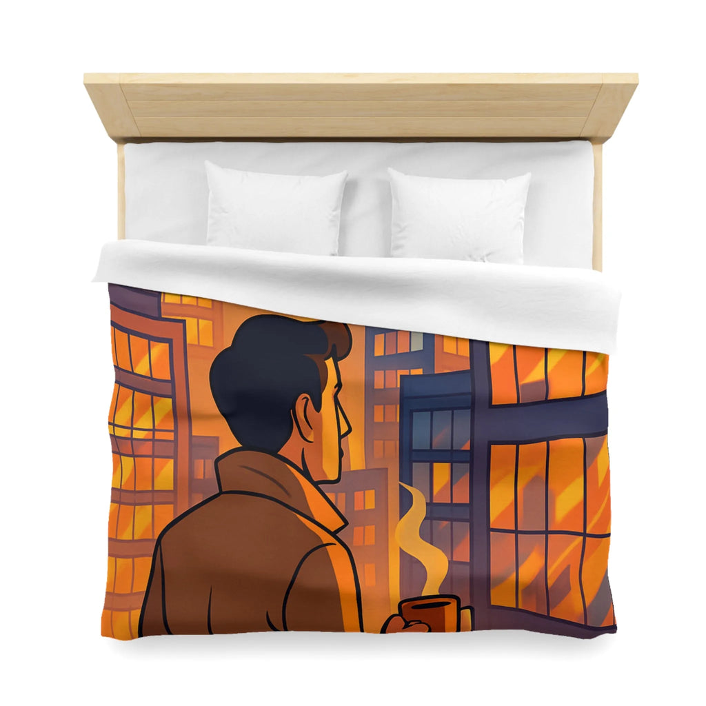 Housse de couette avec illustration urbaine au coucher de soleil et silhouette masculine