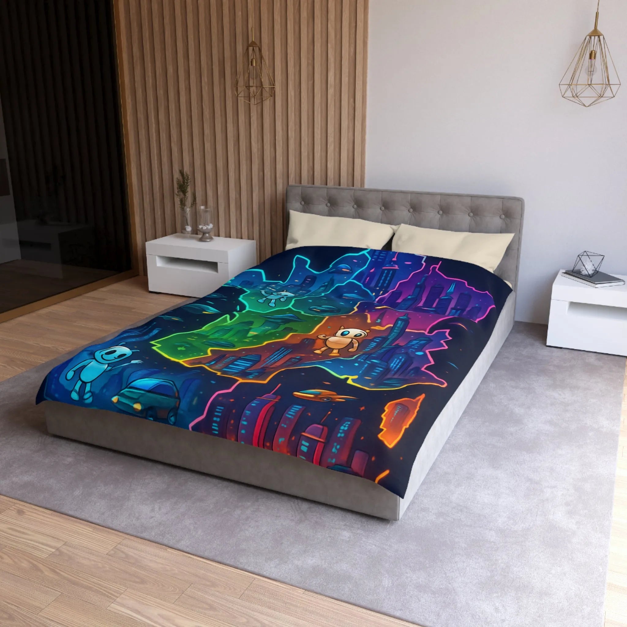 Carte de France futuriste colorée avec robots et OVNIs sur une housse de couette unique