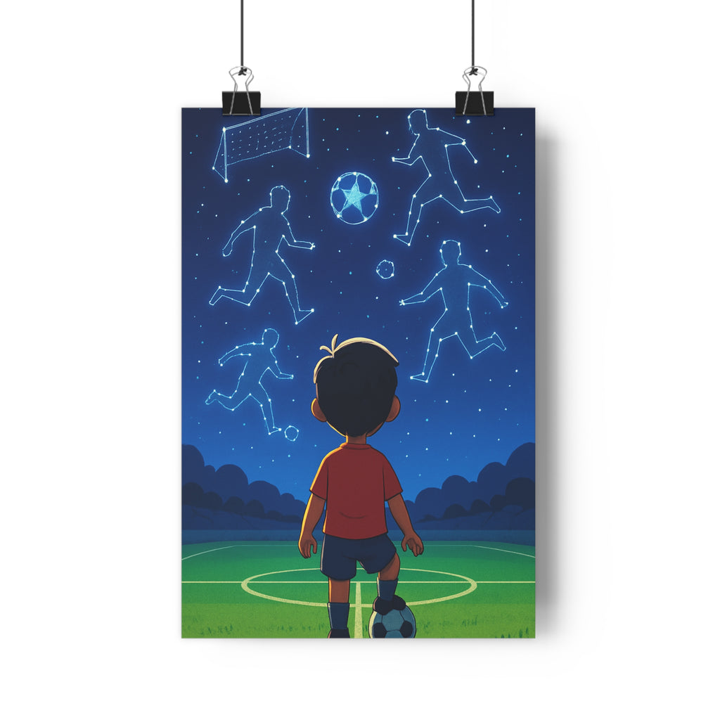 Poster décoratif enfant football ciel étoilé cartoon onirique bleu vert chambre rêveur 30x46 qualité