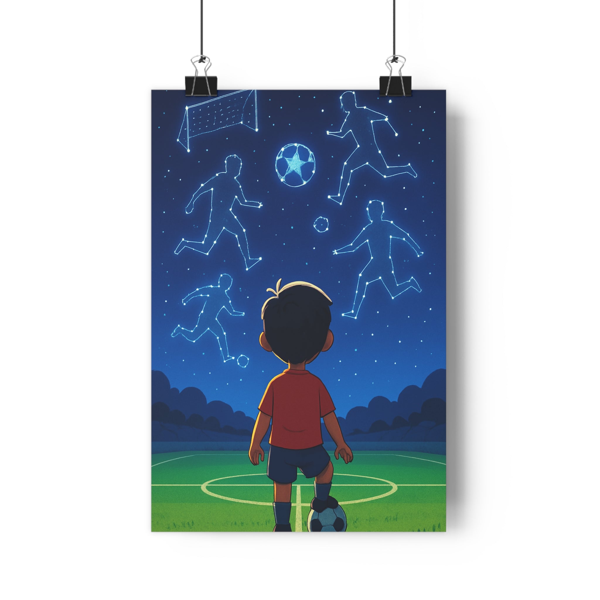 Poster décoratif enfant football ciel étoilé cartoon onirique bleu vert chambre rêveur 30x46 qualité