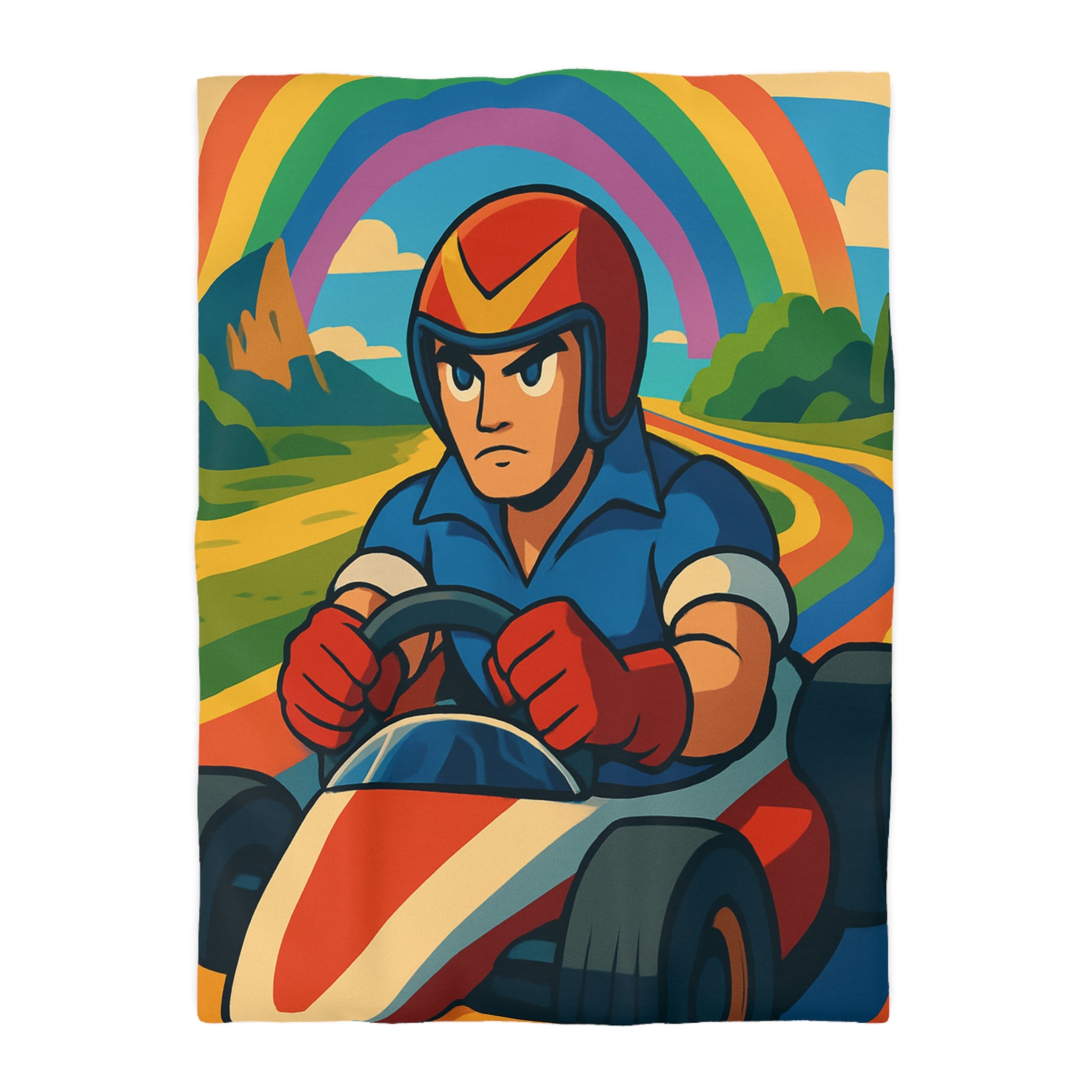 Housse de couette rétro colorée avec pilote de karting sous un arc-en-ciel vibrant