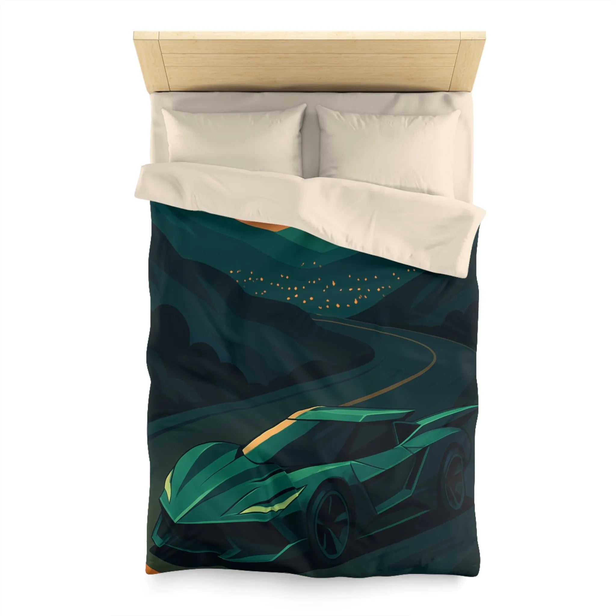 Housse de couette design voiture de sport moderne sur route sinueuse au crépuscule