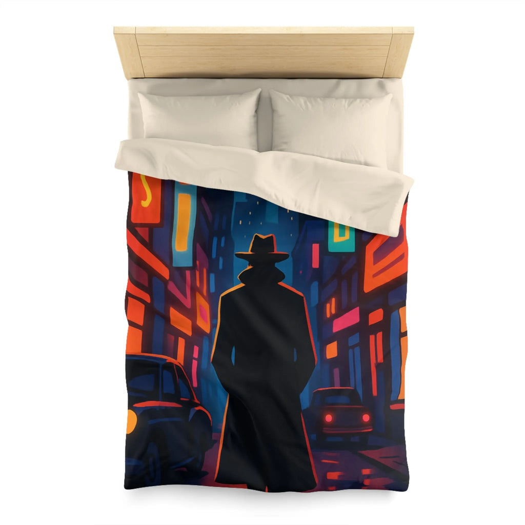 Housse de couette avec silhouette urbaine rétro, lune mystérieuse et néons intenses