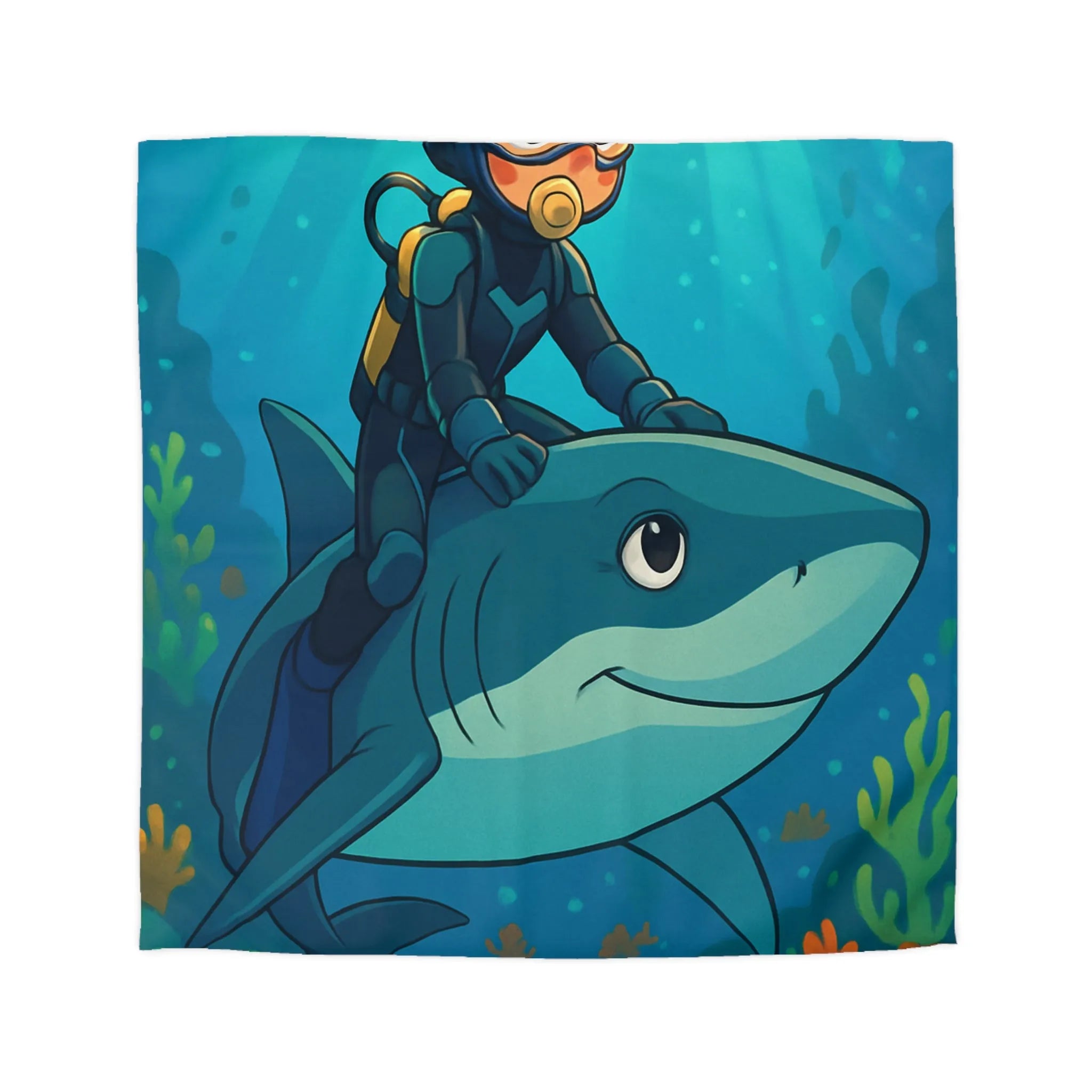Housse de Couette Enfant Océan Aventure avec Requin et Plongeur pour Chambre Colorée