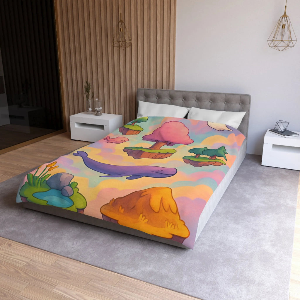 Housse de couette avec îles flottantes et créatures rêveuses dans un ciel magique