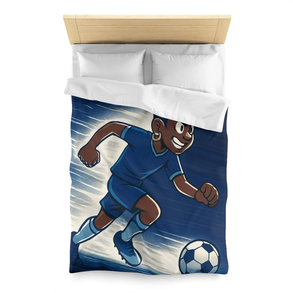 Housse de couette football dynamique garçon jouant au soccer style cartoon moderne bleu