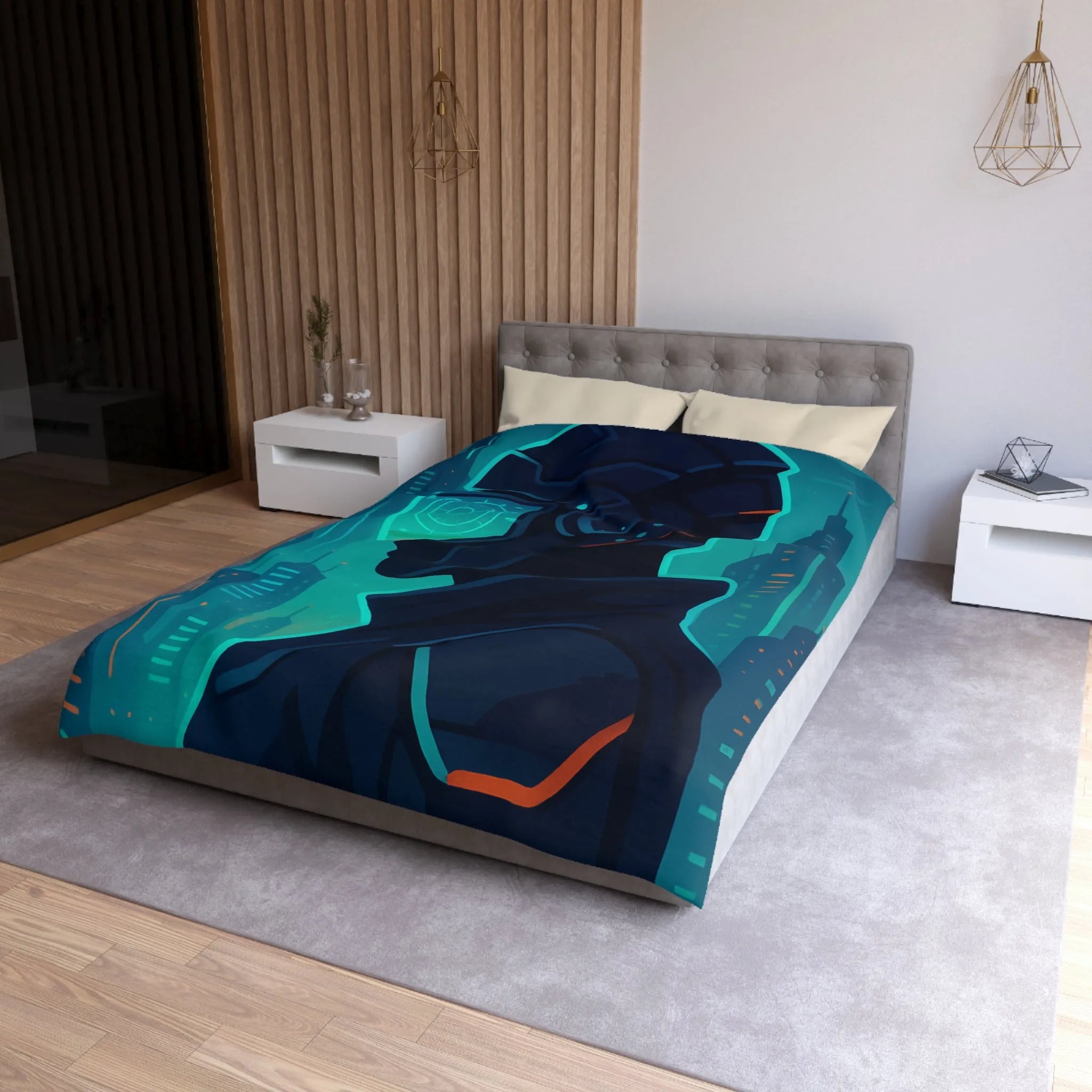 Housse de couette futuriste avec casque de réalité virtuelle et gratte-ciels lumineux