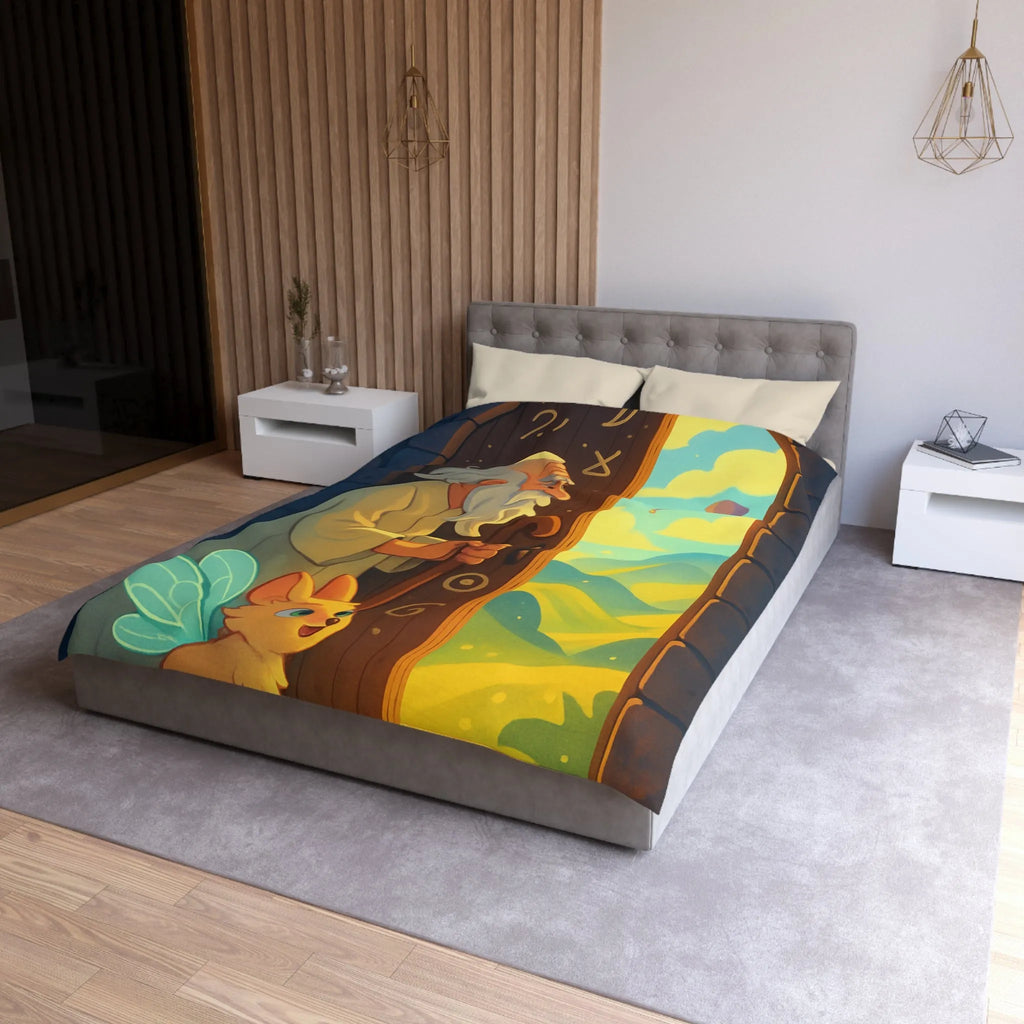 Housse de Couette Fantastique avec Ancien Sage et Paysage Magique Étoilé Soufflant