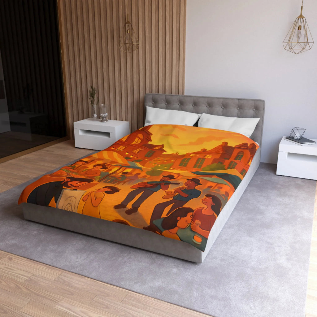 Housse de couette avec illustration de marché animé au coucher de soleil vibrant