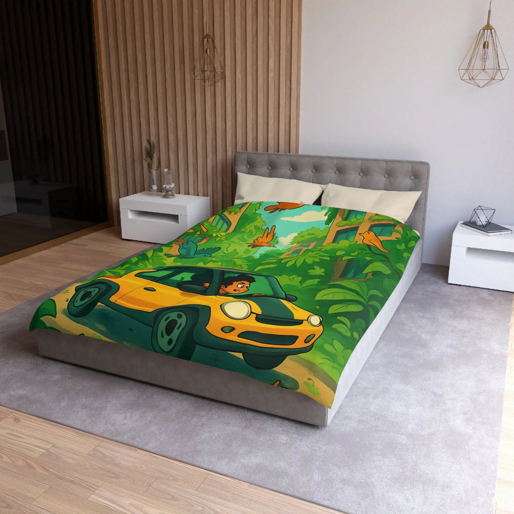 Housse de couette colorée avec voiture jaune et jungle luxuriante pour enfants aventureux